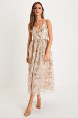 NWT Lulus Glittery Glamour Gold Floral Embroidered Sequin Midi Dress Glam Gala L
